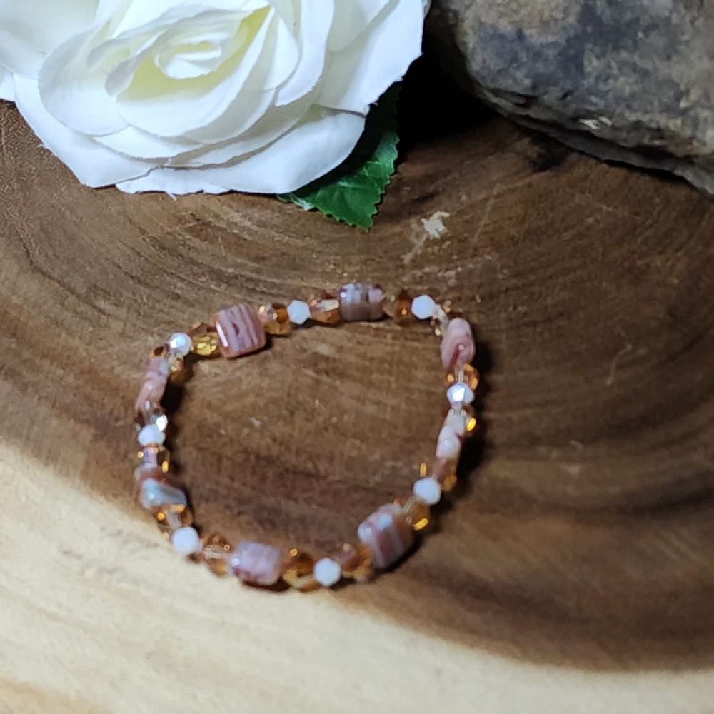 Hand Crafted Stretch Bracelet Amber Colored Square Beads & AB White Crystals